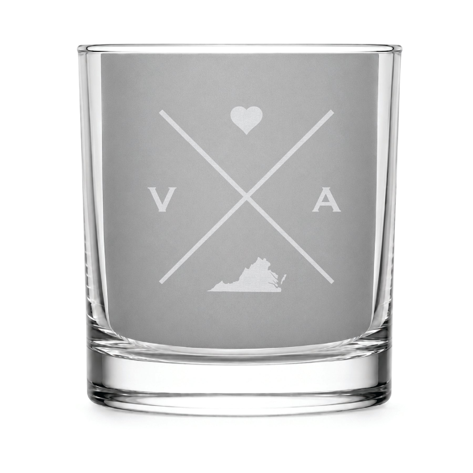 Clear engraved rocks glass featuring a minimalist crossed-line Virginia design with monogram initials, heart icon, and Virginia silhouette on a clean light background.