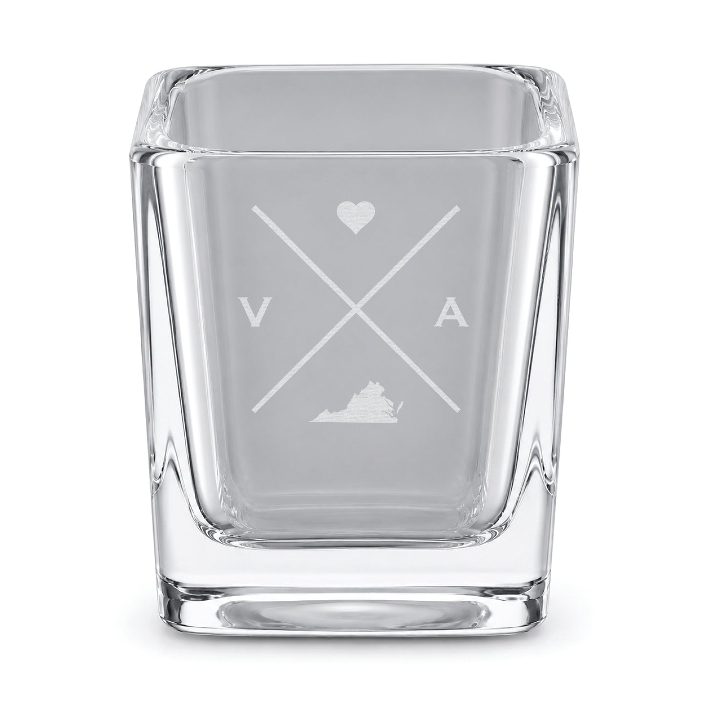 Clear engraved Virginia shot glass featuring a minimalist crossed-line design with heart detail and Virginia silhouette on a clean light background.