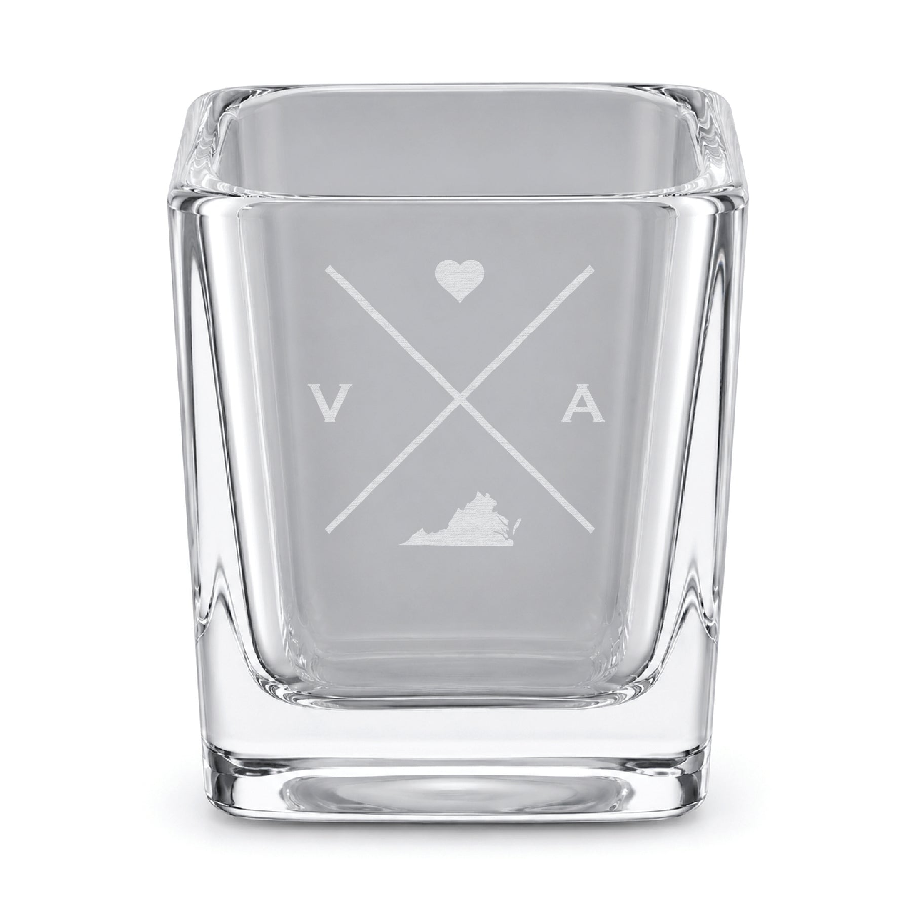 Clear engraved Virginia shot glass featuring a minimalist crossed-line design with heart detail and Virginia silhouette on a clean light background.