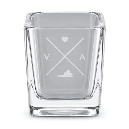 Clear engraved Virginia shot glass featuring a minimalist crossed-line design with heart detail and Virginia silhouette on a clean light background.