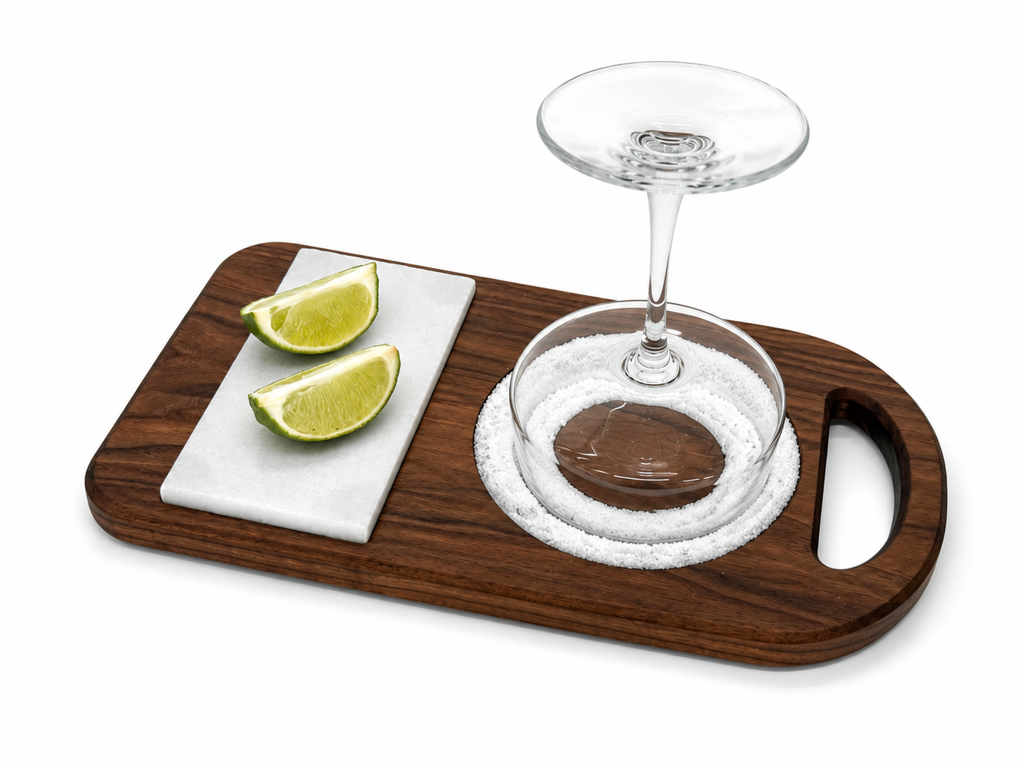 Front angle view of walnut wood margarita rimmer featuring removable marble lime cutting tile and salt rimmer.