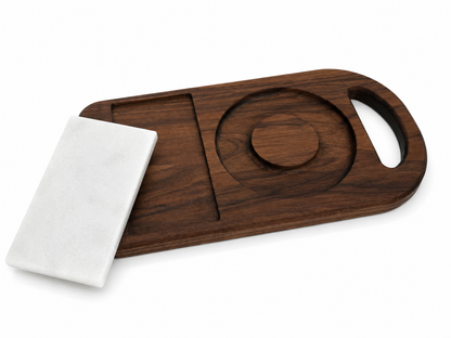 Blank walnut wood margarita rimmer with removable marble tile displayed separately to show recessed salt and garnish compartments.