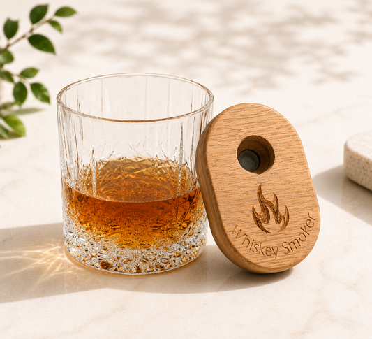 White Oak whiskey smoker leaning against a crystal bourbon glass filled with amber whiskey on a light neutral background. Features engraved flame design and rich wood grain detail in a refined, modern product styling scene.