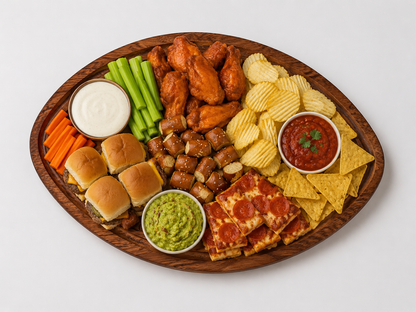 Football-shaped wooden serving tray with a fully recessed center and carved rim, filled edge-to-edge with Super Bowl snacks including wings, sliders, pretzel bites, chips, dips, and pizza, arranged neatly within the tray on a clean white background.