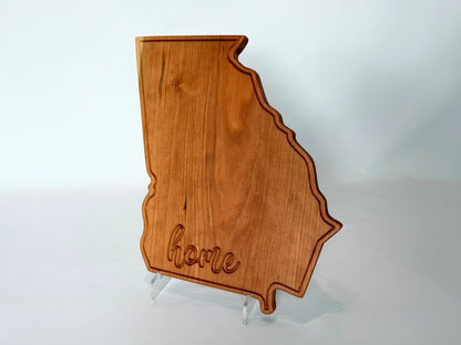 Georgia shaped hardwood serving board with engraved “home” detail on clean white background